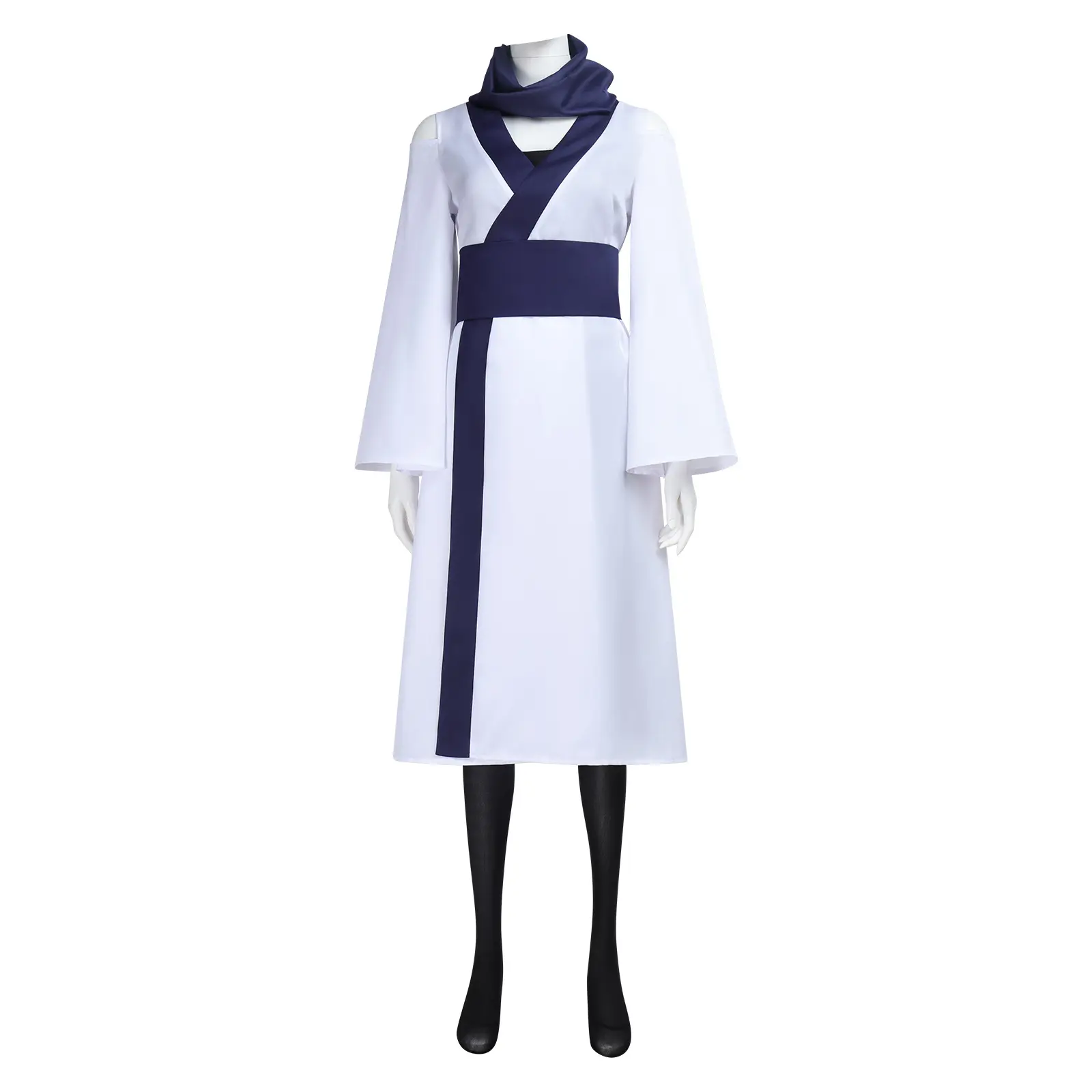 Ryomen Sukuna Female White Dress Navy Scarf Cosplay Costume Set with Belt Waist Ornament Accessories Socks for Comic Con