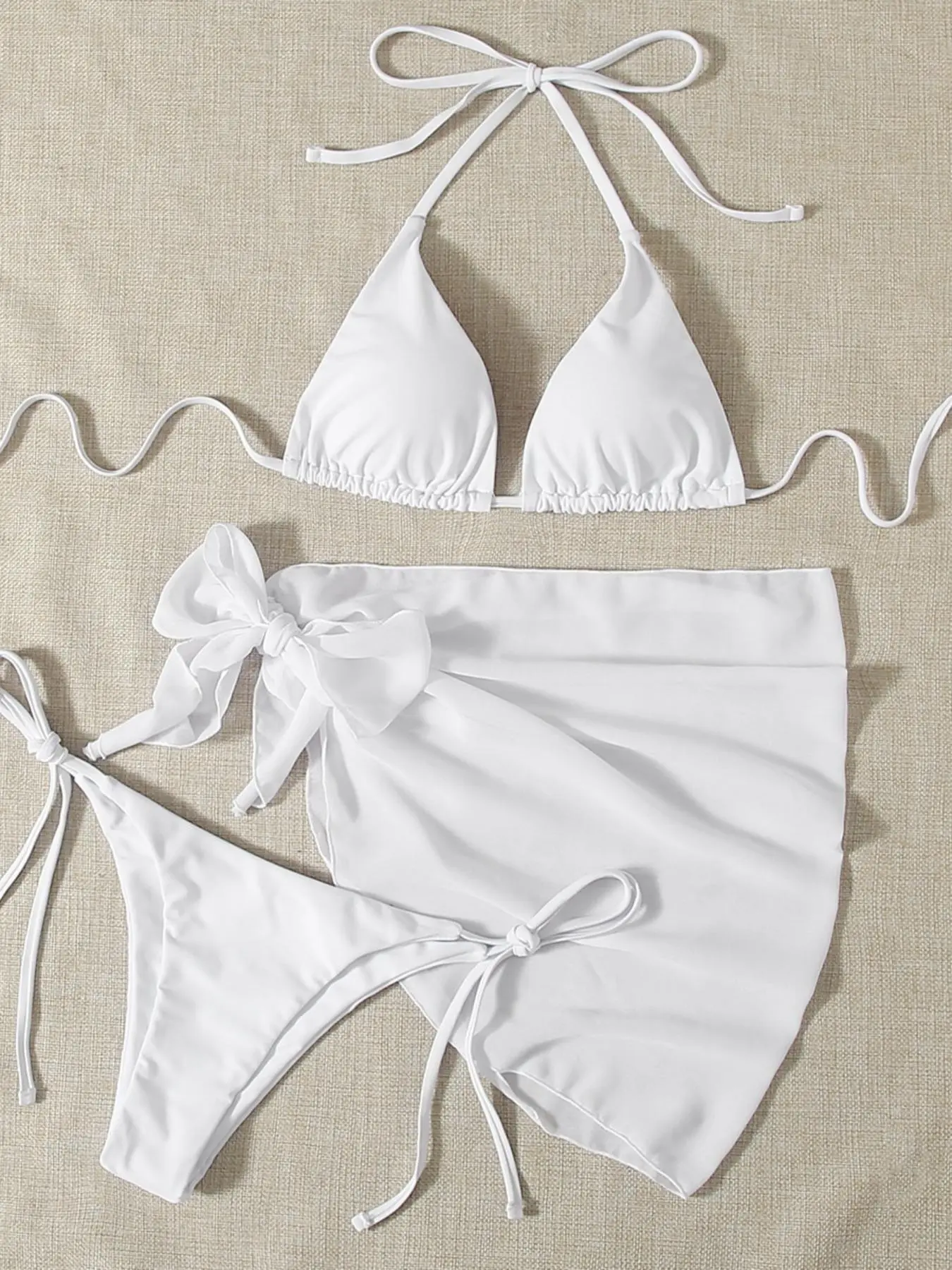 Three-Piece Set Women's Solid Bikinis Set, Casual Padded Triangle Halter Swim Top & Tie Side Swim Bottom & Cover Up Skirt Set for Beach Holiday Vacation, Plain Bikini Set, Beachwear Swimwear, Bikini Swimsuit Set, Beach Bathing Suit