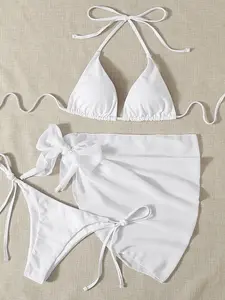 Three-Piece Set Women's Solid Bikinis Set,  Casual Padded Triangle Halter Swim Top & Tie Side Swim Bottom & Cover Up Skirt Set for Beach Holiday Vacation, Halter Bikini Swimsuit, Summer Outfits 2026