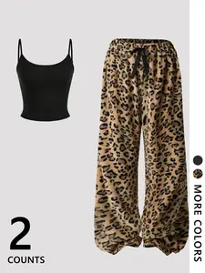 Women's Casual Fashion Set, Wide Leg Leopard Print, Comfortable Home Wear for Vacation Travel Airport, All Seasons Kint Fabric