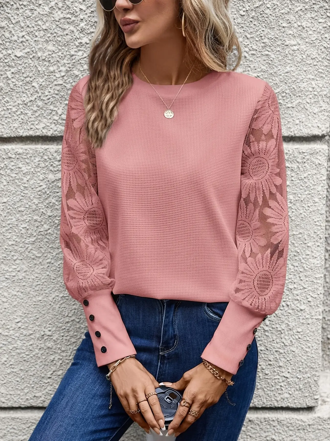 Women's Lace Sleeve Patchwork Waffle Knit Top, Fitted Casual Basic Spring & Fall Fashion, Long Sleeve Drop Shoulder Blouse, Shirts, Basic Blouses, All Season Blouse, Womenswear