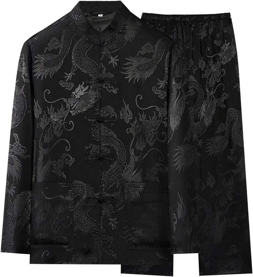 Men Kung Fu Uniform Chinese Traditional Wing Chun Tai Chi Hanfu Long Sleeved Coat Tops and Pants Tang Martial Arts Training Costume Halloween Cosplay