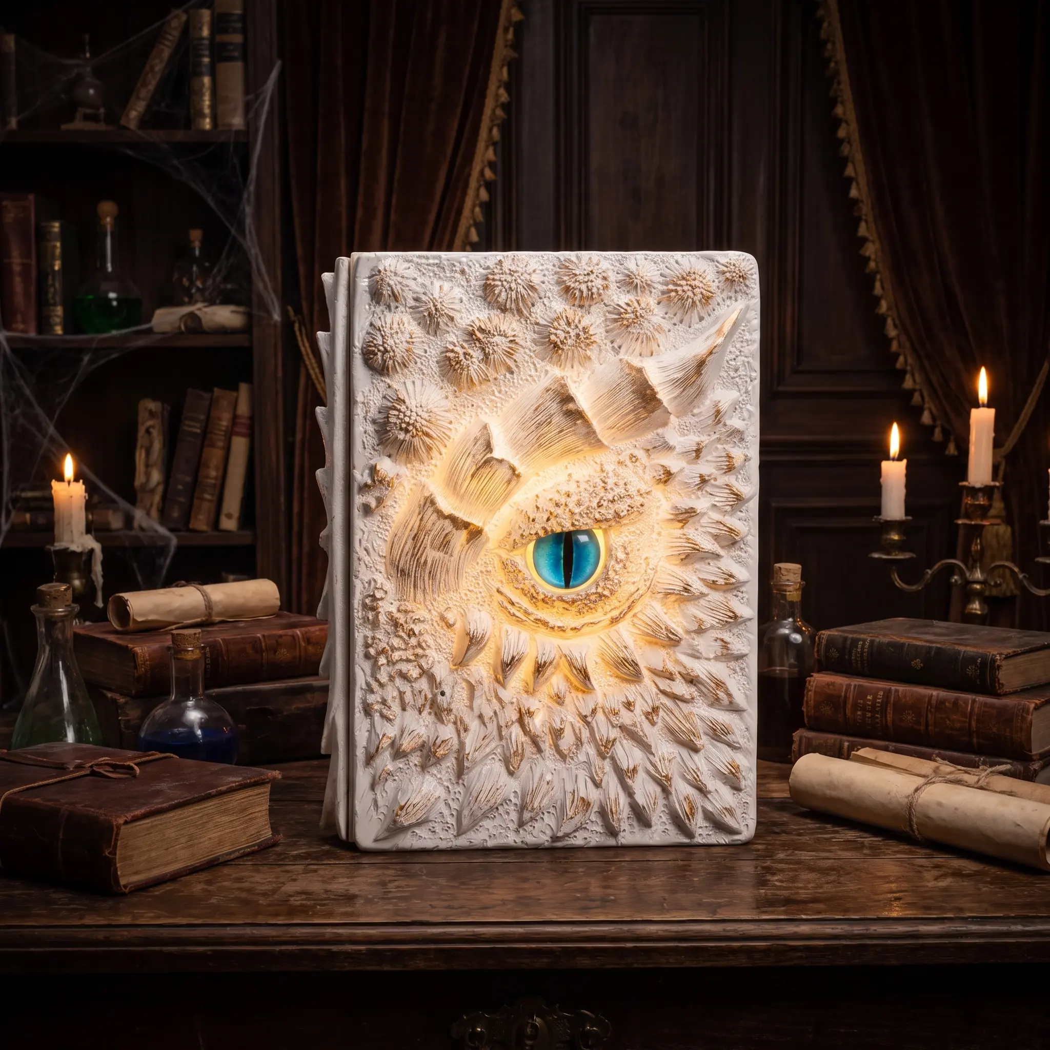 Dragon Eye Design Book Cover with Intricate Textures and Blue Eye Detail for Unique Aesthetic Appeal