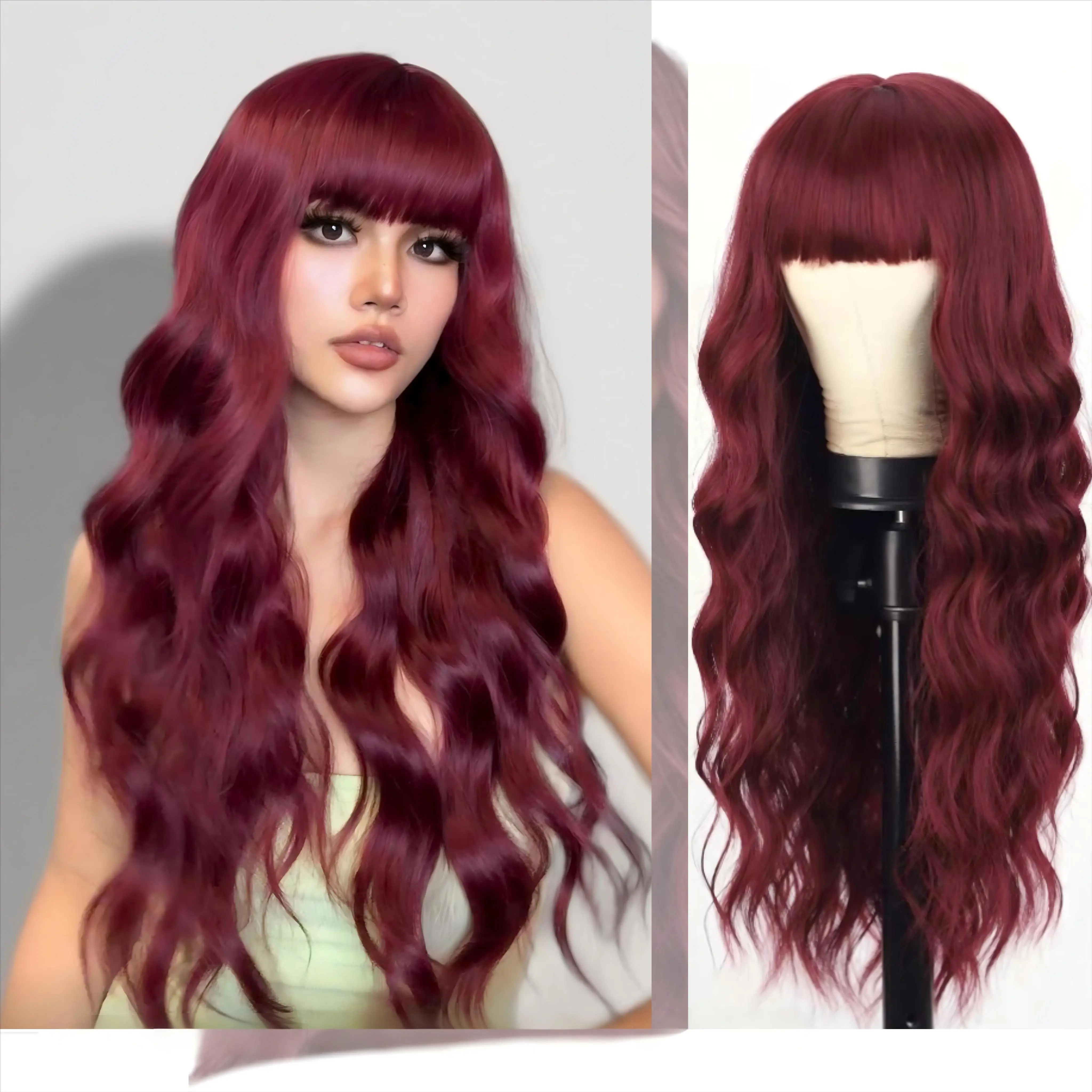 Wine Red Body Wave Wig for Women, 26 Inch Long Curly Synthetic Hair with Bangs, Glueless Heat Resistant Fiber for Daily Wear, Curly Hair, 24/7 Support, Female, Curly Wavy Wig, Glueless Wig