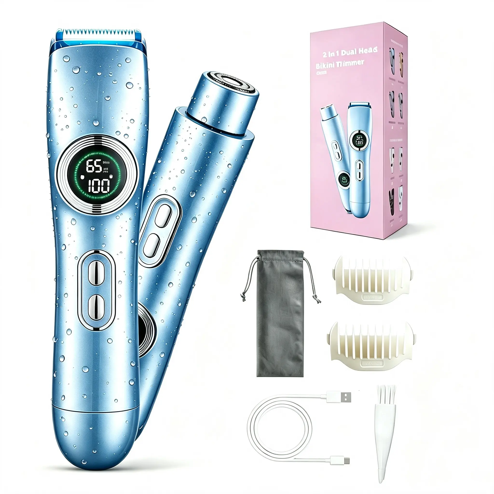 2-In-1 Women Electric Bikini Trimmer, Waterproof Rechargeable Body Hair Shaver with LED Screen, Portable Travel Pubic Hair Groomer