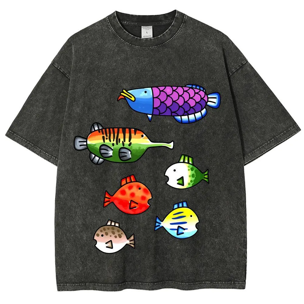 Men's Retro Vintage Washed Pure Cotton Short-Sleeve Round Neck T-Shirt - Colorful Wii Fish Print, Old School Cool Retro Style Fabric Top, All Seasons Athletic Preppy Streetwear Casual Shirt