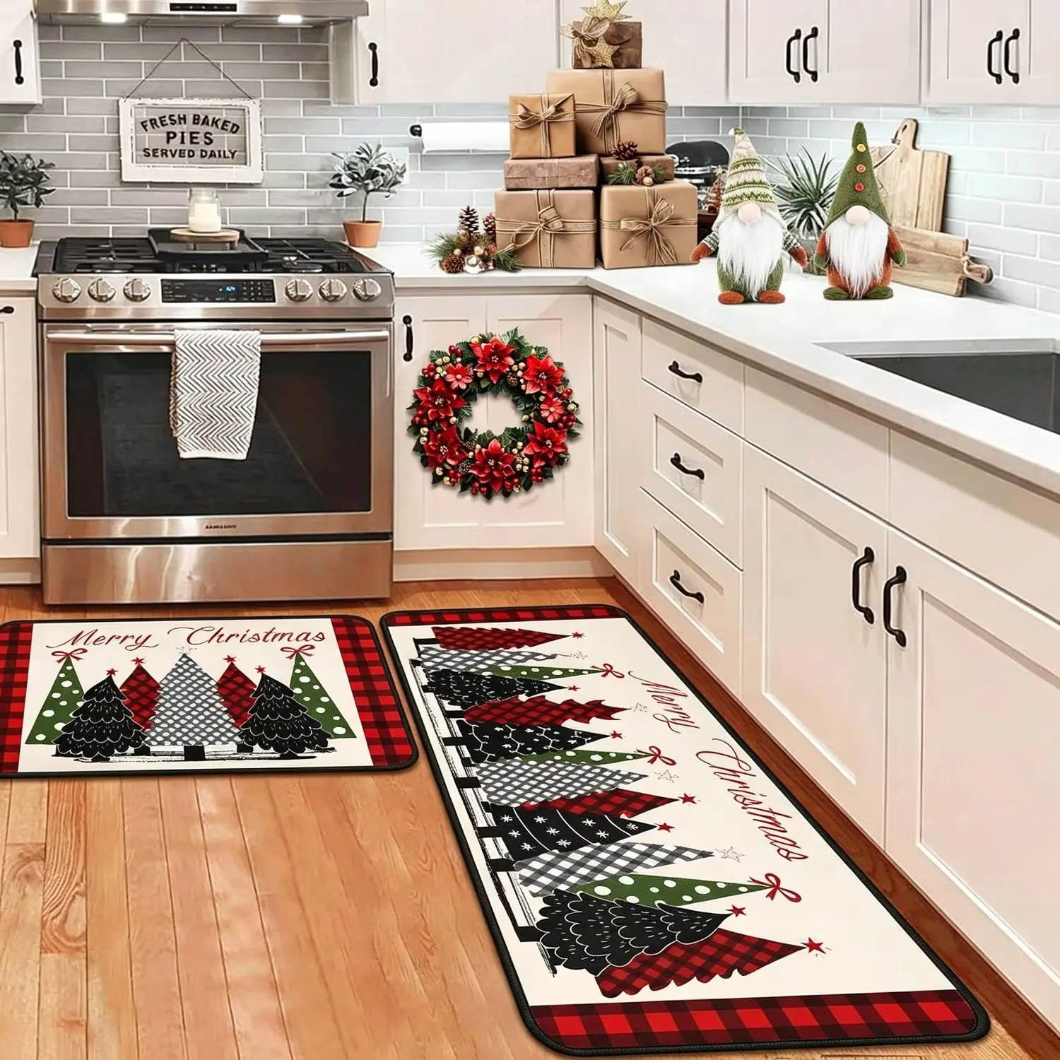1PCS Buffalo Plaid Xmas Trees Merry Christmas Winter Holiday Party Low Profile Area Rugs Floor Decorations for Home Kitchen Seasonal Festive Decor