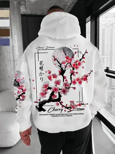 Hoodie with Japanese Cherry Blossom Floral Design, Unique Artistic Style, Easy to Create Eye-Catching, Trendy Casual Wear