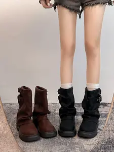 Women's Fashionable Mid-Calf Boots, One-Step Wear Folded Short Boots, Autumn Winter Thick Sole Boots, Outdoor Women's Boots