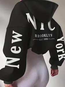 Women's Dropped Shoulder Loose Long Sleeve Hoodie with Letter Print, Casual Fashion Drawstring Pocket Graphic Sweatshirt, Casual Hooded Sweatshirt for Daily Wear, Fall & Winter Clothing, Tops, Graphic Hoodies