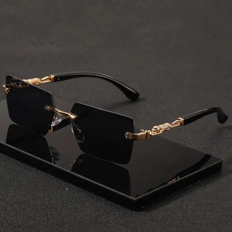 Rimless Rectangular Sunglasses - Gold-Accented, Lightweight Durable, UV Protected Unisex Sophisticated Fashion Statement (Party Hats, Masks & Accessories)