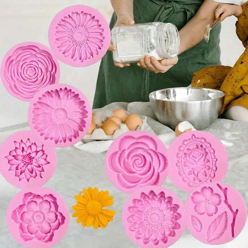 9pcs 2.2 Inch Flower Design Silicone Molds for Cupcake, Dessert, Chocolate, Jewelry, Pastry, Handmade Crafting Multi Purpose Decoration Tool for Home Kitchens and Gatherings