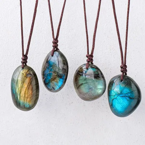 High-Quality Natural Crystal Labradorite Pendant Necklace, Adjustable Ribbon, Bohemian Style Jewelry, Unisex, Unique Crystal Gift, Crystal Pendants