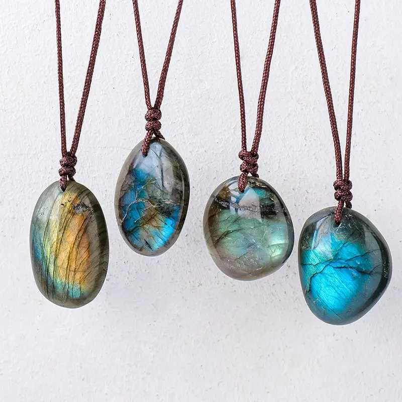 High-Quality Natural Crystal Labradorite Pendant Necklace, Adjustable Ribbon, Bohemian Style Jewelry, Unisex, Unique Crystal Gift, Crystal Pendants