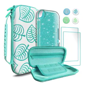 Carrying Case for Switch lite, Shockproof Portable Travel Bag with Glitter Galaxy cover, Screen Protectors and Cute Leaf Thumb Grips Caps, Animal Crossing Green