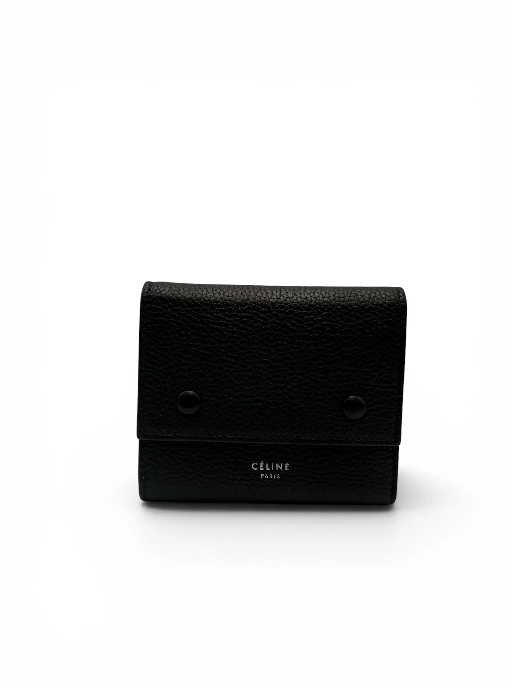 Pre-owned Celine GRAINED CALFSKIN LEATHER Small Leather Goods BLACK GRAINED CALFSKIN SMALL TRIFOLD WALLET