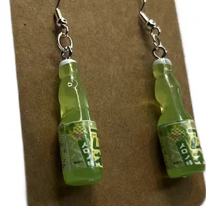 Green Apple Japanese Soda Earrings - Unique Bottle Design with Green Color and Japanese Text