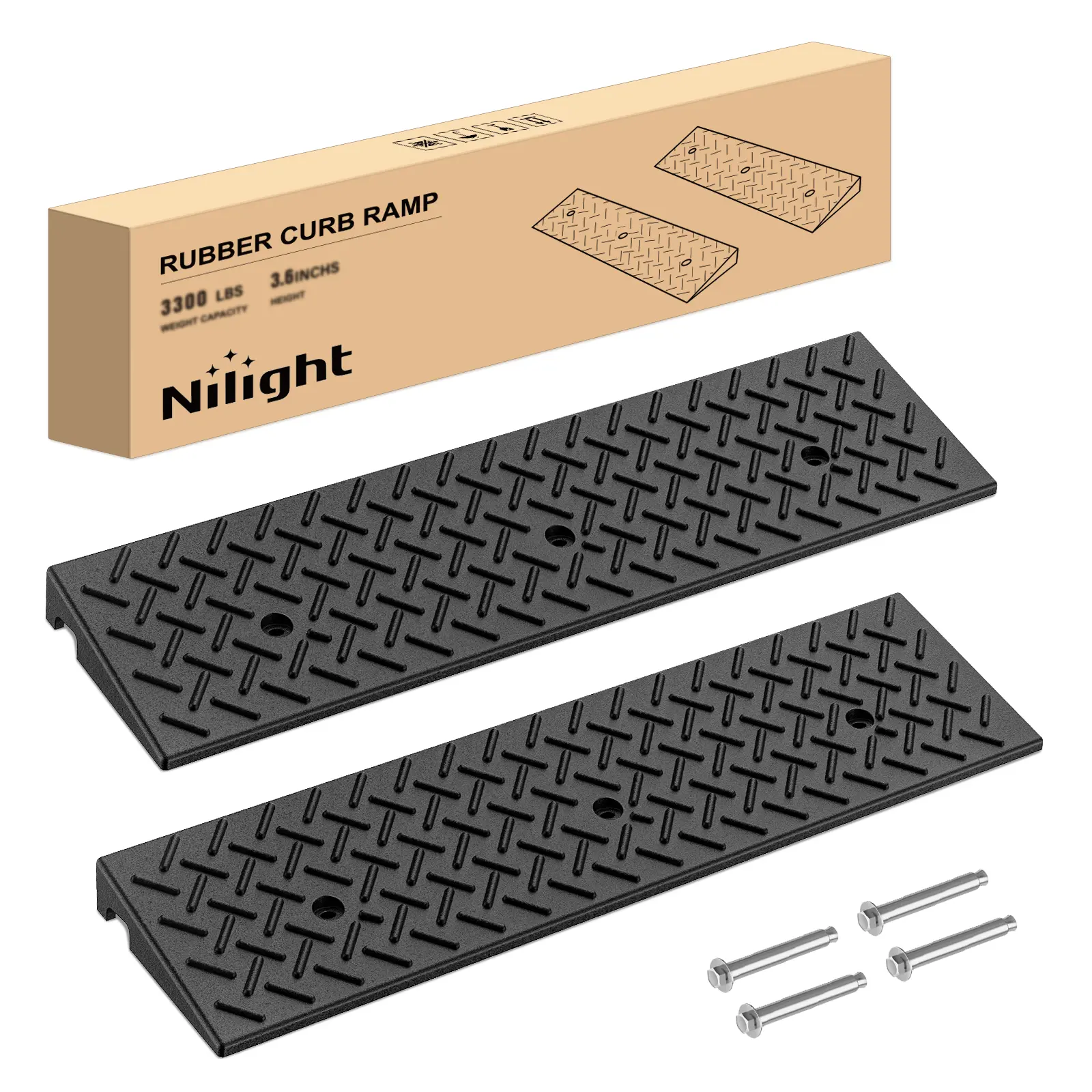 Nilight Pre-Drilled 2" Rise Heavy-Duty Rubber Driveway Ramp - Slip-Proof Curb Ramp, 3300lbs Each/6600lbs/Pair Load Capacity for Cars, Wheelchairs, Warehouses, Loading Docks, Barns, Doorway Transitions