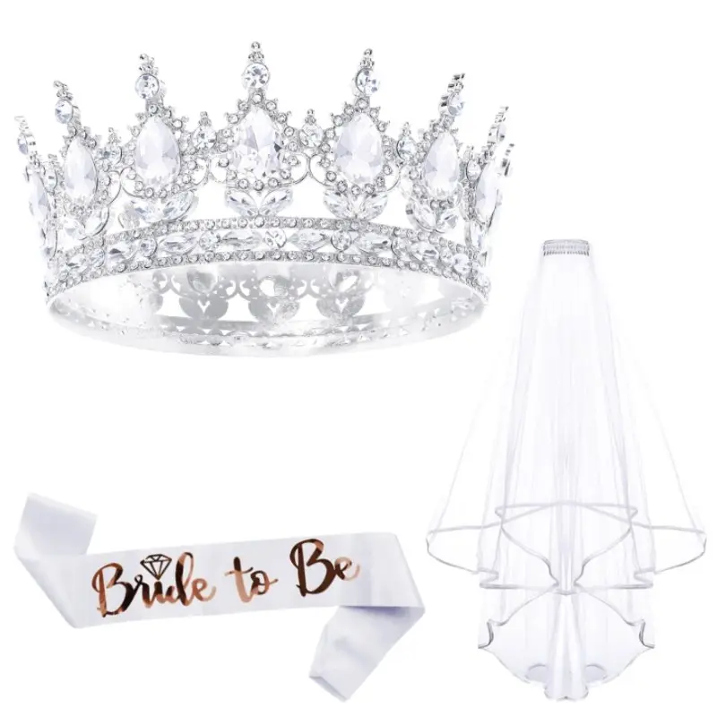 3-Piece Bridal Set: Modern Net Veil, Bride Belt, Crown, Tiaras, Perfect for Wedding Photography Props, Bachelorette Party Essentials, Includes Veil and Belt, Bridal Accessory