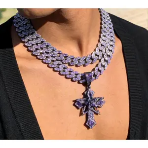 Star Cross Pendant Necklace Hip Hop Jewelry Stainless Steel Purple Cubic Zirconia Cuban Chain Necklace Party Club Street Festival Fashion Gift For Men Women Unisex Trendy Iced Out Bling Statement Accessories