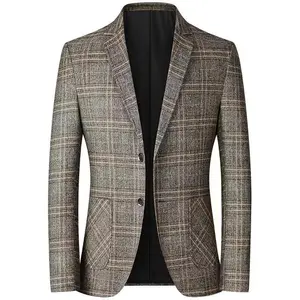 Men’s plaid print sports blazer with front buttons, regular fit, long sleeves, pockets, and a lapel; suitable for office business wear; slim-fit plaid blazer.