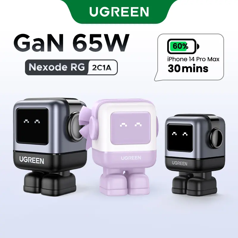 UGREEN Uno 65W USB C Charger Block, Nexode 3-Port GaN Fast Charger with Screen, Fun Robot Gifts for Men Women, Compatible with iPhone 17, MacBook Pro/Air, XPS, Galaxy S25, Steam Deck, ROG Ally, Black,DealsForYouDays