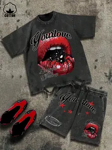 Rebellious Print Short Sleeve Shorts Set, American Streetwear Washed Two-Piece, Cotton Summer, Casual Fitted Style