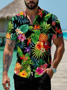 Men's Tropical Hawaiian Shirt - Vibrant Floral & Pineapple Print Button Down Shirt for Summer Beach Luau