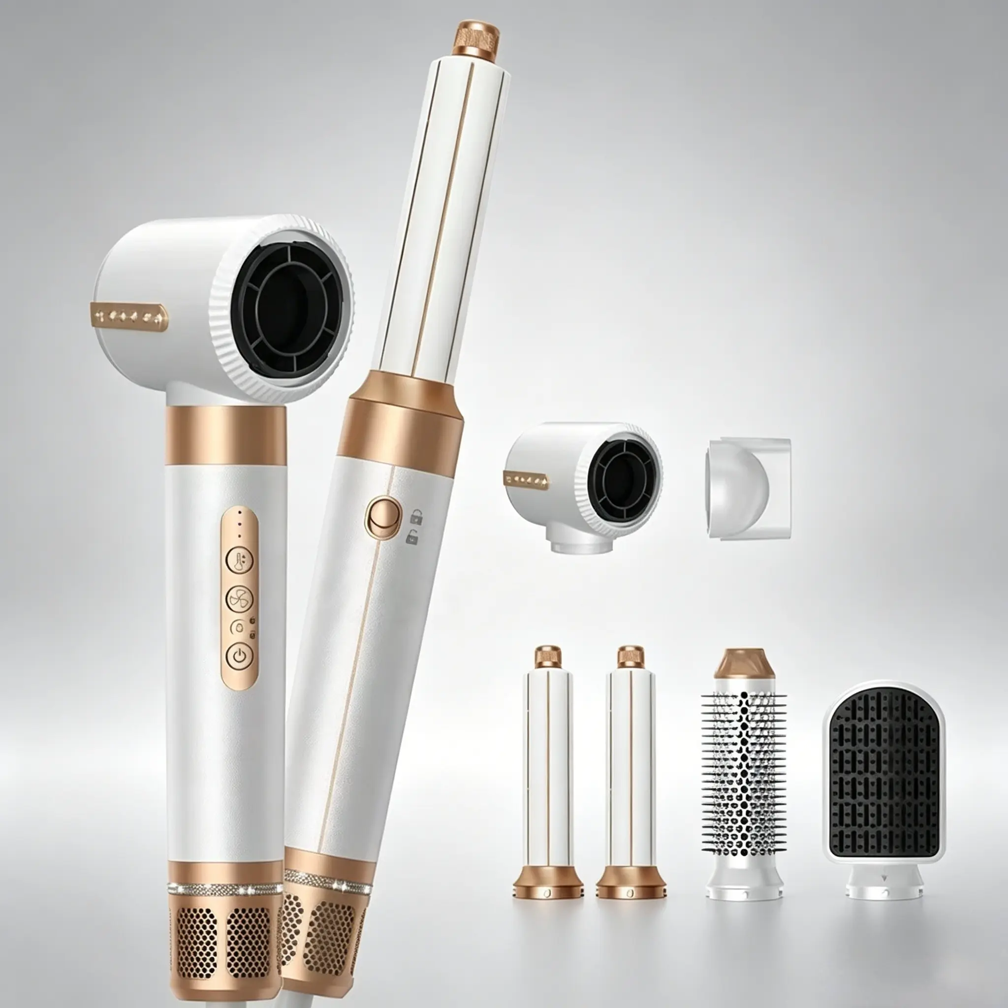 7-in-1 hot air styling comb, powerful 110000RPM hair dryer, curling iron, hair dryer with diffuser, used for quick drying, increasing fluffiness, negative ion hot air comb hairdressing tool. Tikokshop Springflowup hair dryer, white style, hot air stylist