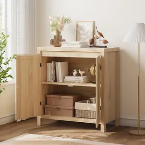 Qeetex 31 Inch Small Sideboard Buffet Cabinet with Glass Doors Adjustable Shelf and Black Finish Natural