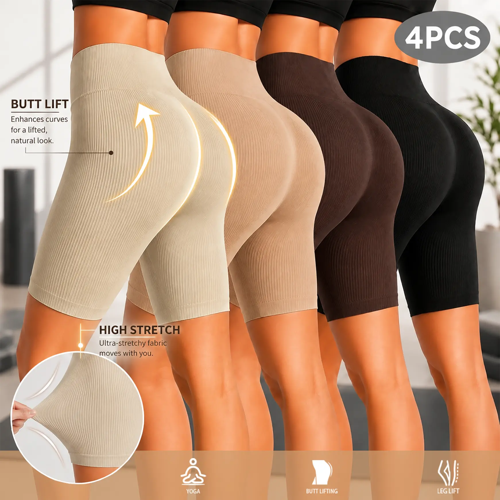 Women's 4-Pack Workout Shorts, High-Waisted Fitted Seamless Ribbed Knit Activewear, Pull On Gym Sets for Women, Tight Athleisure Shorts Compression Gym Shorts