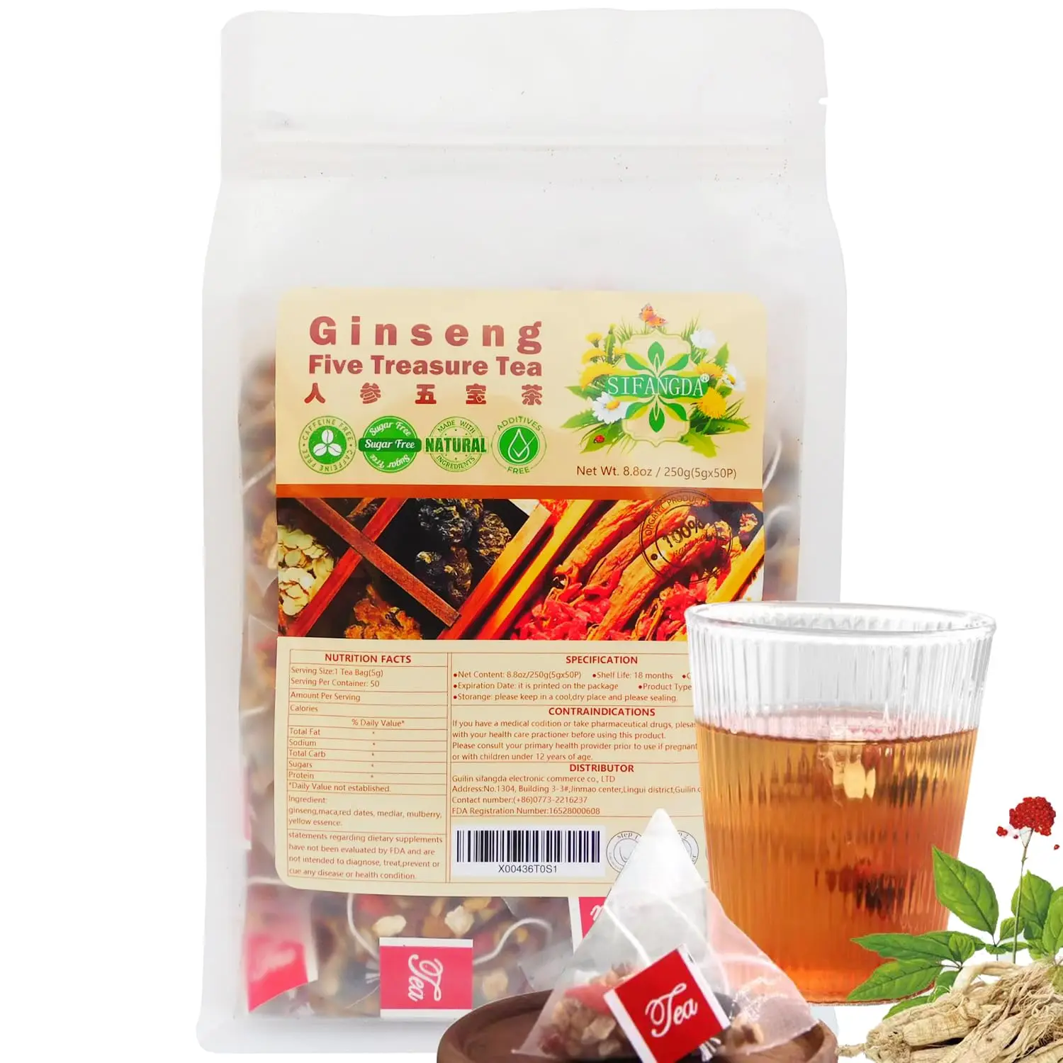 SIFANGDA Ginseng Five Treasures Tea Kidney Tea, Wellness Tea, Natural Kidney Cleanse Detox Tea for Women & Men, 6 Precious Ingredients Formula 250g(1 Pack/50 Bags), Treasure Teacombination