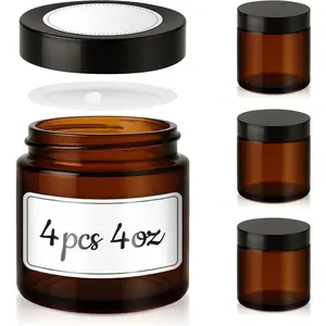 4 oz Glass Jars with Lids, 4 Pack Amber Glass Jars with Black Lids Leakproof Round Airtight Empty Cosmetic Travel Containers with Inner Liners For Lotions Powders and Candle Making
