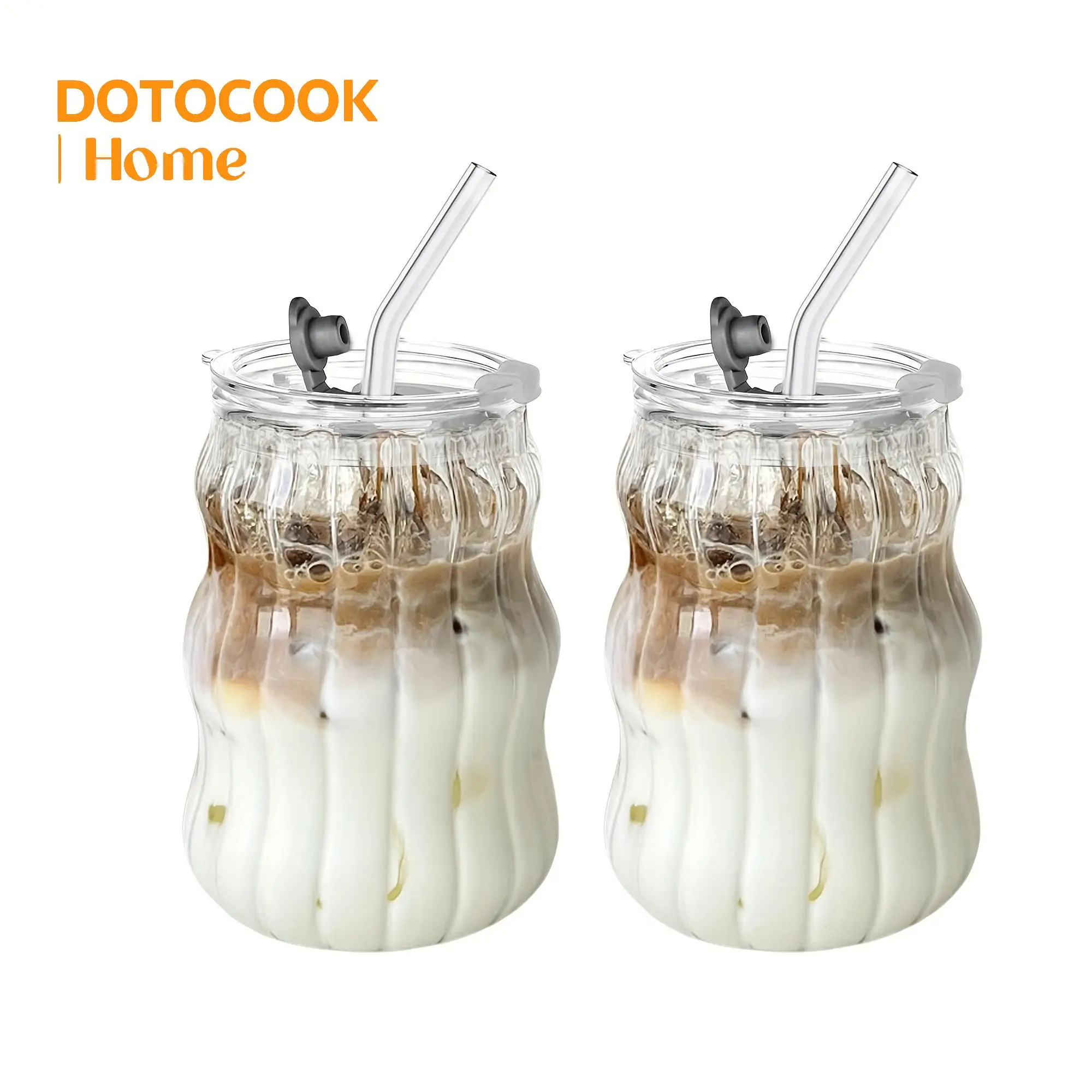 Glass Cup with Straw & Lid, 1/2 Counts 18oz Wave Bubble Beverage Water Tea Coffee Glasses, Drinking Cup for Home Kitchen Dining Room