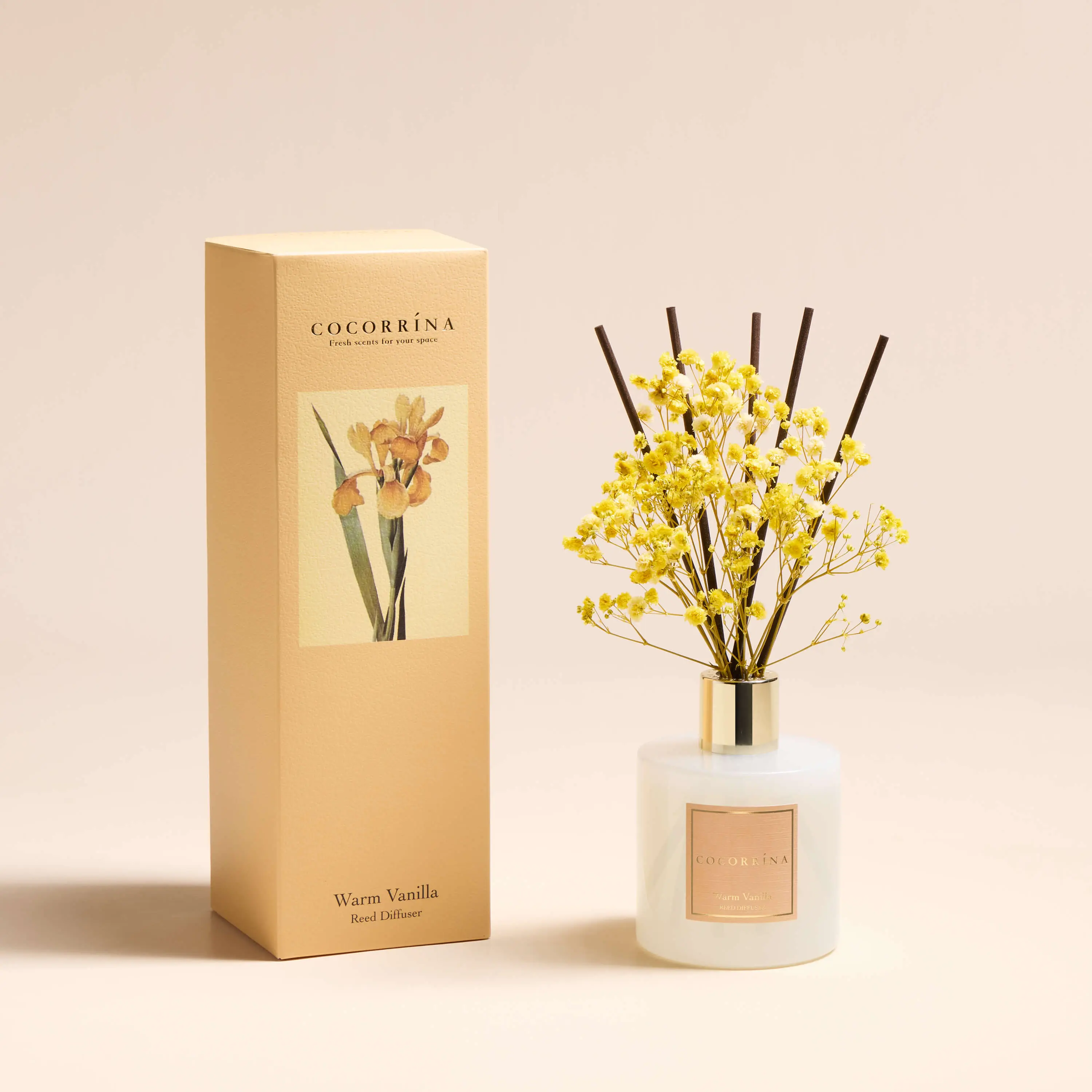 Cocorrína Glass Bottle Reed Diffuser - Warm Vanilla Aroma Freshener with 8 Sticks, Home Fragrance for Bathroom Shelf Decor, Ideal Gift