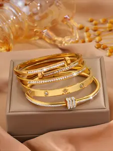 4-pcs charming and elegant stainless steel Art Deco style bracelet set, suitable for dates, is a sweet gift surprise, Bangles Bracelets Set