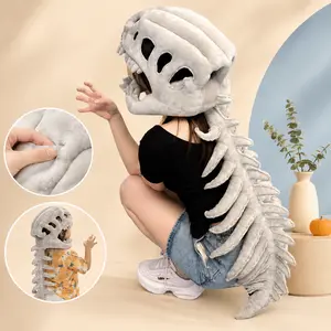 Wearable Dinosaur Skeleton Costume Set, Plush Skull Hood & Spine Backpiece, Large Gray Costumeshalloween Skeletoncostume for Kids Halloween Party Dress Up & Family Photos