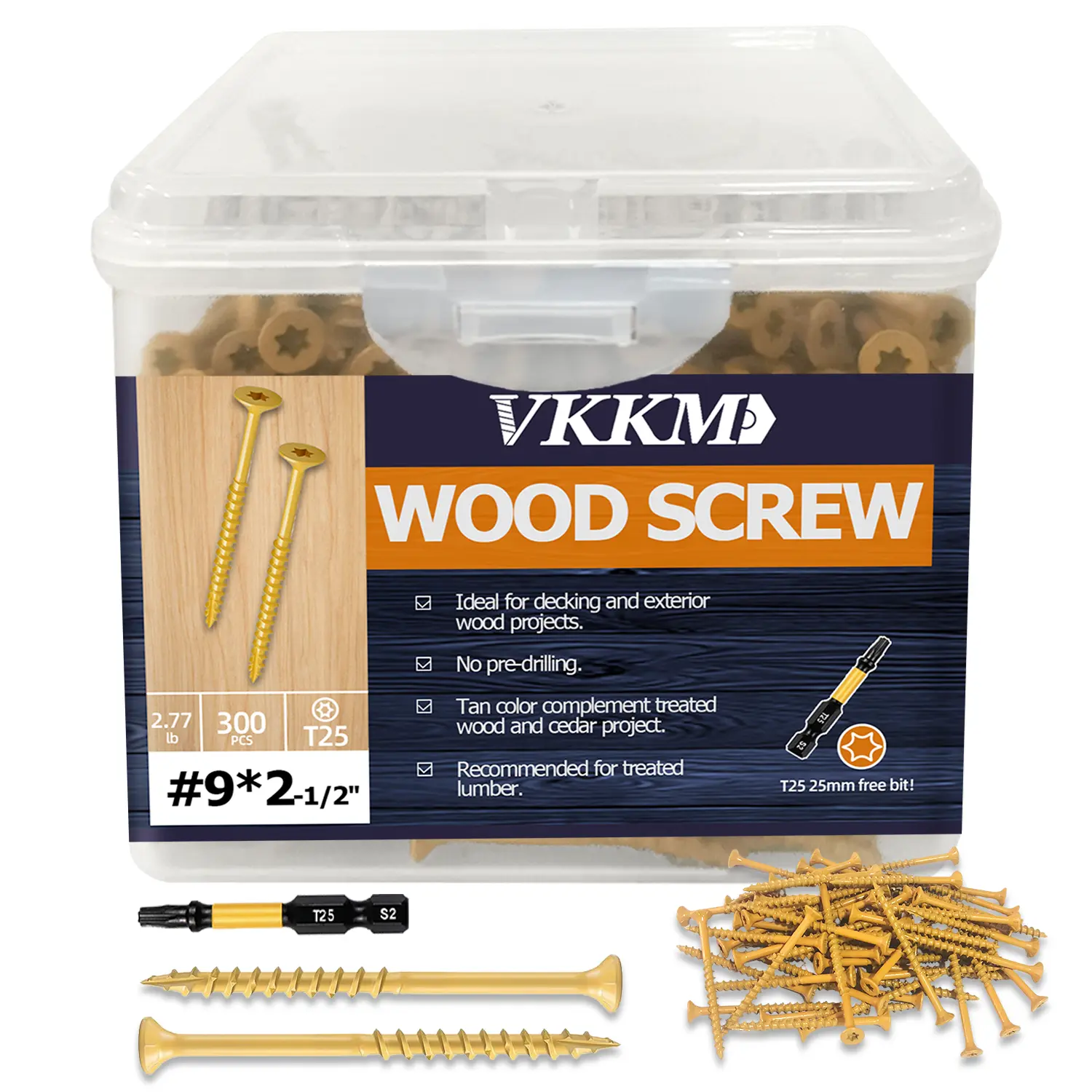 VKKM #9 x 2.5" Tan Exterior Deck Screws 300pcs, T25 Torx Star Drive Anti-Corrosion Carbon Steel Countersunk Flat Head Self-Tapping Screws for Decking, Fencing, Indoor & Outdoor Wood Projects, with Free T25 Bit
