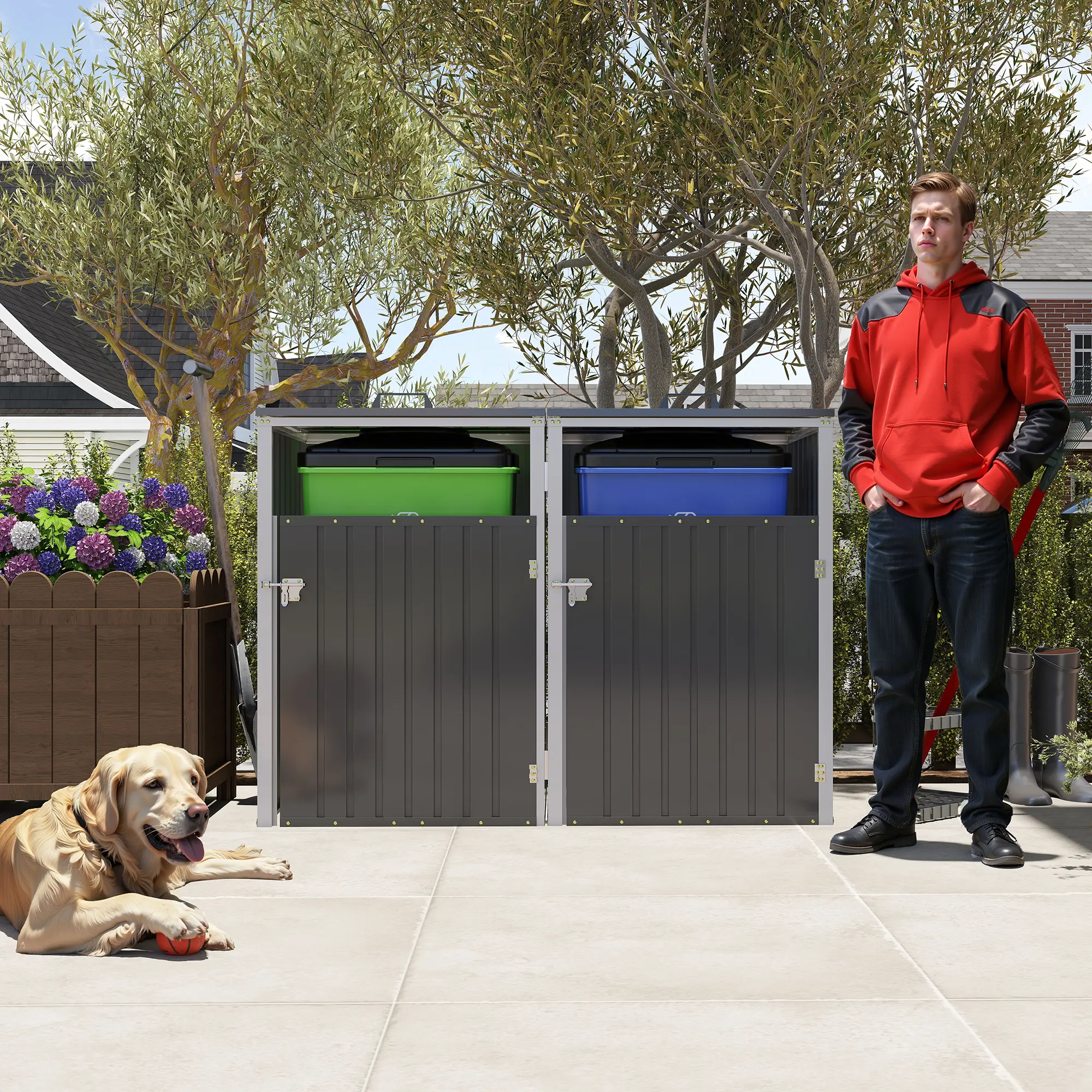 Garbage Bin Shed Stores 2 Trash Cans Metal Outdoor Bin Shed for Garbage Storage 54 Cubic Feet Space Stainless Galvanized Steel Waterproof Windproof Snow Prevention with Upward-Opening Lid Hooks Home Supplies