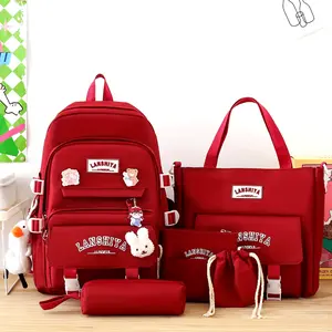 (Unique) A Set Of 5-piece Solid Color Backpack Set, Extra Large Capacity Backpack, Simple Shoulder Bag, Pencil Bag, Casual Crossbody Bag, Lightweight Student Backpack Set, With Duck Charm, 3 Badges And Rabbit Charm, Canvas Material, Positio