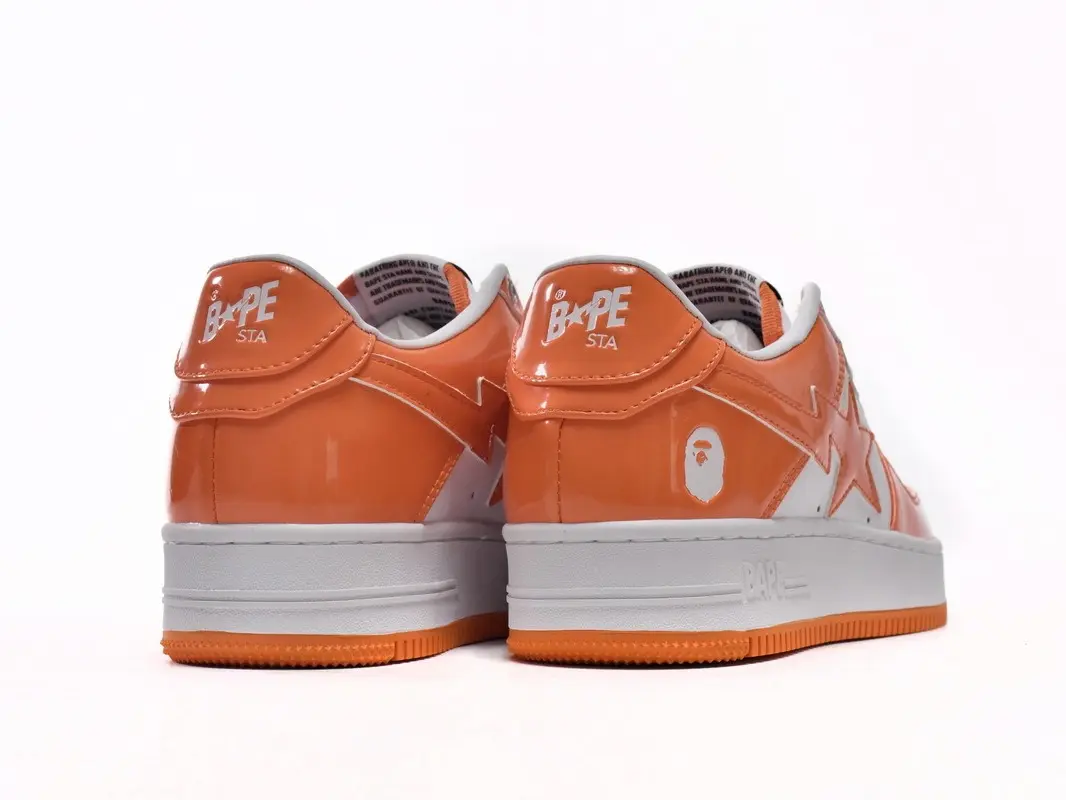 All Season Gloss Patent Leather Low Top Warm Tone Skate Sneakers, Cushioned Foam Midsole, Striking Orange White Orange Star Contrast Anti Slip Rubber Outsole, Fashion Low Top Shoes For Skate, Travel, Hip Ho
