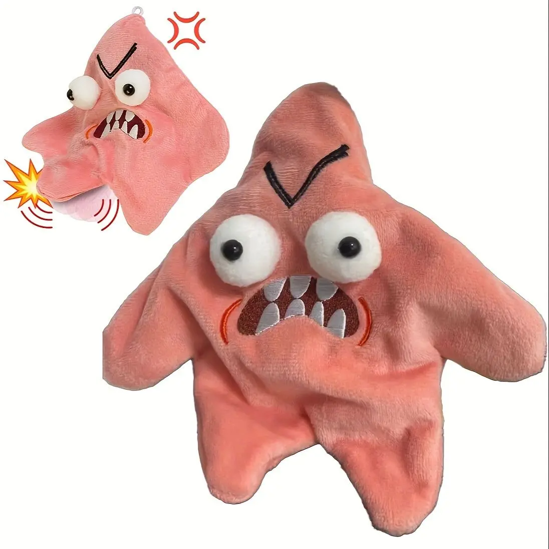 Grumpy Starfish Plush Toy - Soft Pink Starfish with Expressive Eyes and Sharp Teeth GREAT FOR GIFT!