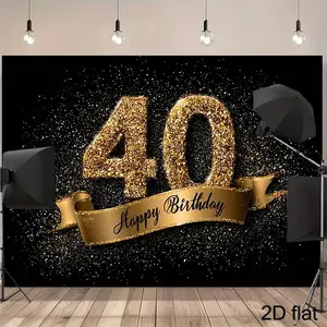 2D Flat, 40Th Birthday Golden Glitter Backdrop with Number 40, Black And Golden Balloon Banner for 40 Year Man/Woman - Large Golden Confetti Party Decoration for Milestone Celebration, Photo Background