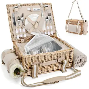 19 count Picnic Basket for 2 with Insulated Liner and  Picnic Blanket  Pouch, Large Wicker Picnic Hamper for Camping,Outdoor,Valentine Christmas for Couples,