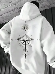 Men's Graphic Landscape Print Drop Shoulder Thermal Lined Long Sleeve Hoodie, Fashion Casual Regular Fit Drawstring Pocket Hooded Sweatshirt for Daily Holiday Outdoor Wear, Men Clothes for Fall & Winter