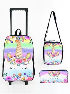 17-inch Trolley Backpack 3-Piece Set with Unicorn Pony Print