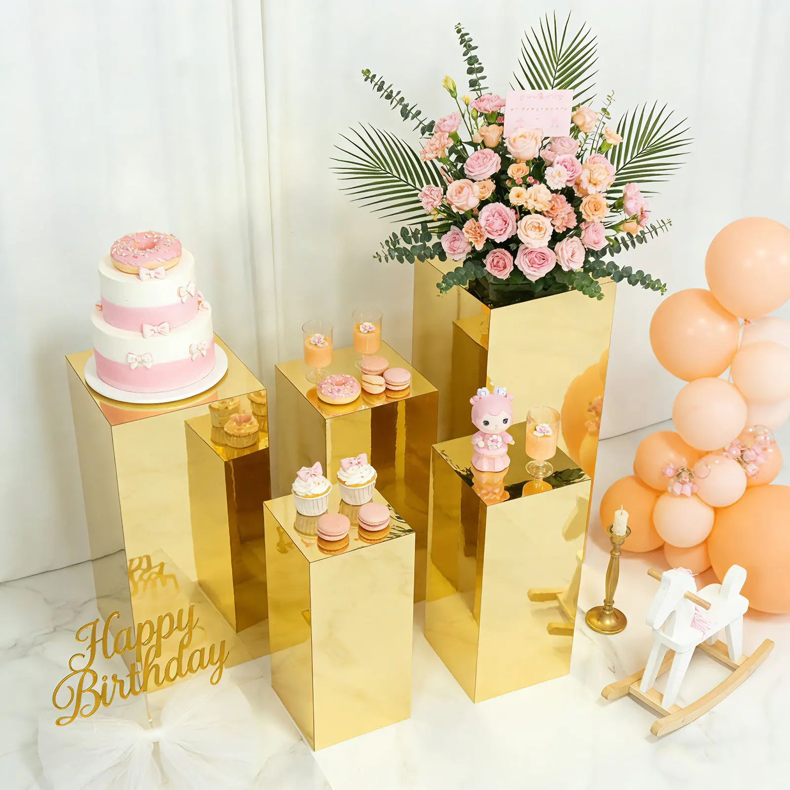 Multi-Size Gold Mirror Acrylic Pedestal Stands - 5-Piece Pre-Assembled Rectangular Display Risers (20in,22in,24in,28in,32in) - Wipe-Clean for Wedding Centerpieces, Holiday Baby Shower Decor, Bakeries