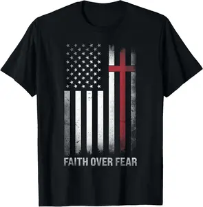 Men's Christian T-Shirt, Short Sleeve Patriotic Top with Faith Over Fear American Flag Cross Graphic Fabric Blend