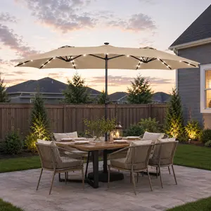 【13/15FT LED Light】Costoffs Triple-Size Patio Umbrella with Hand Crank and 36 LED Lights, for Yard/Garden/Park