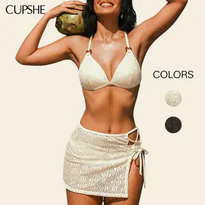 CUPSHE TikTokShopSpringGlowUp Triple Threat Diamond Neckline Adjustable Removable Soft Cups Straps Classic Bum Coverage Sarong 3-Piece Bikini Set Swimsuit